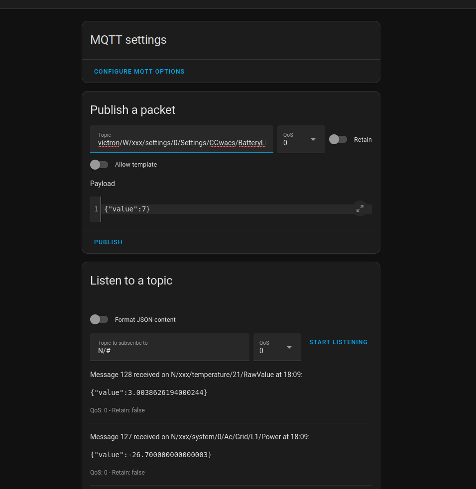 MQTT Settings, listening to N/#